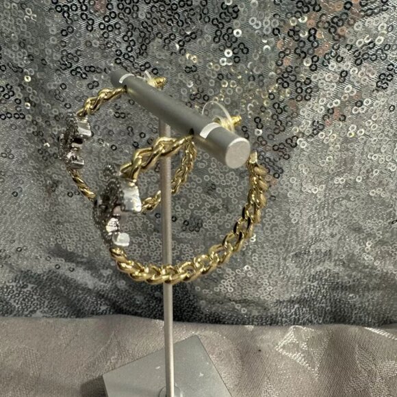 Chanel Gold Tone Crystal Double CC Turnlock Hoop Earrings - Picture 5 of 6